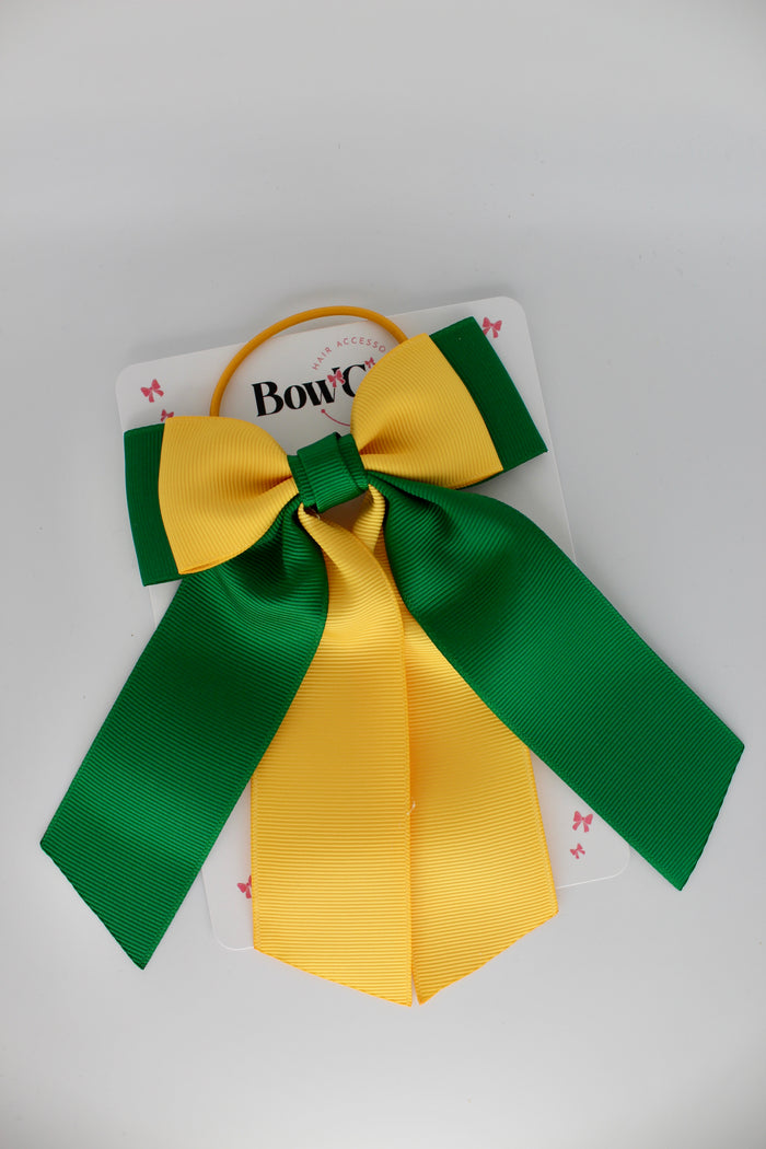 School Bow Green and Yellow Gold - Double Layer Tail Bow – Elastic