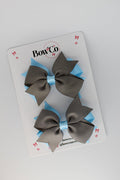 School Bows Blue Topaz and Metal Grey - Layer Tail Bow Set - Clip