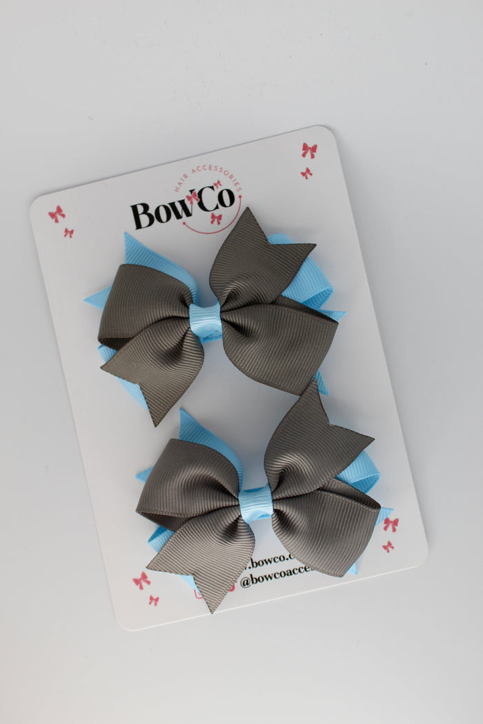 School Bows Blue Topaz and Metal Grey - Layer Tail Bow Set - Clip