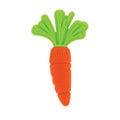 The Nuby Sensory Carrot Teether is an orange and green silicone toy with textured leaves designed for baby teething relief, featuring the Nuby brand name embossed on the carrot.