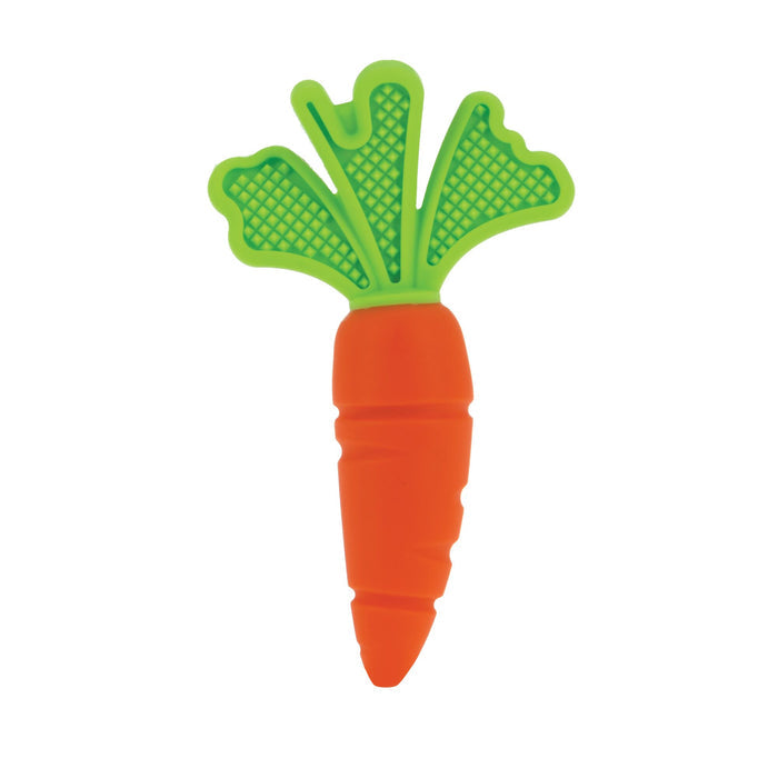 The Nuby Sensory Carrot Teether is a silicone teething toy with an orange body and textured green leaves at the top, designed to soothe your baby’s gums.