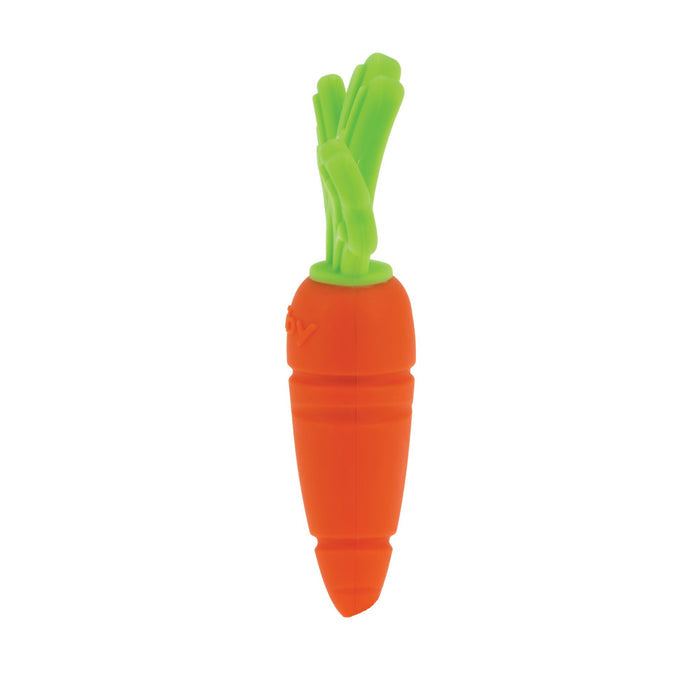 The Nuby Sensory Carrot Teether is a small, orange, carrot-shaped silicone toy with a green leafy top, designed for baby teething relief and shown isolated on a white background.