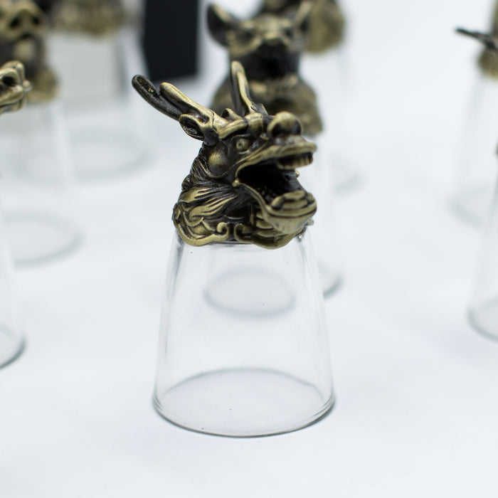 Set of 12 Ornate Glasses with Antique Metal Bases Featuring All Chinese Zodiac Animals and Symbols