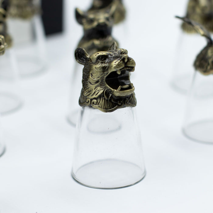 Set of 12 Ornate Glasses with Antique Metal Bases Featuring All Chinese Zodiac Animals and Symbols