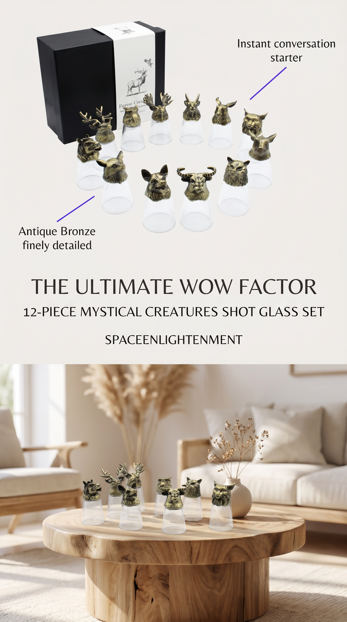 Set of 12 Ornate Glasses with Antique Metal Bases Featuring All Chinese Zodiac Animals and Symbols