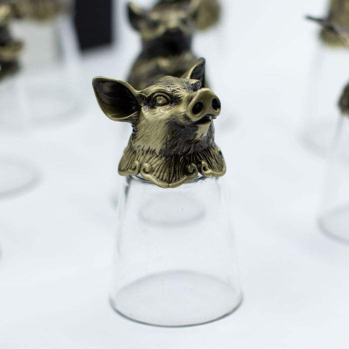 Set of 12 Ornate Glasses with Antique Metal Bases Featuring All Chinese Zodiac Animals and Symbols