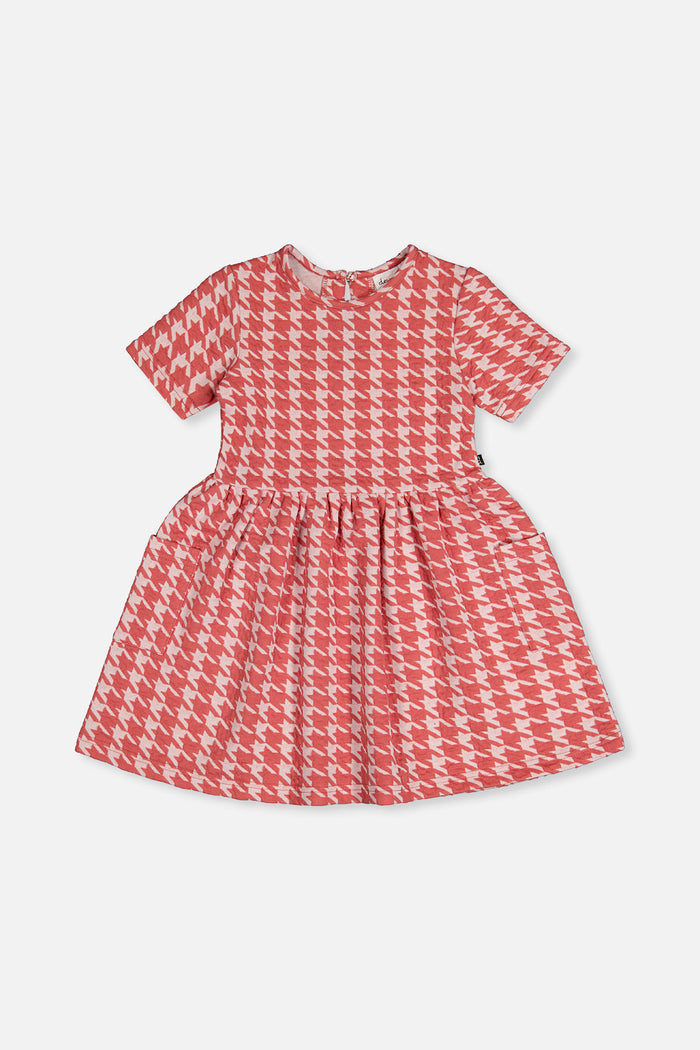 Short Sleeve Dress With Pockets Pink And White Houndstooth-0