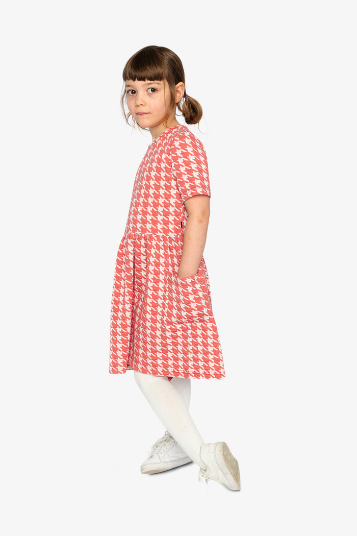Short Sleeve Dress With Pockets Pink And White Houndstooth-2