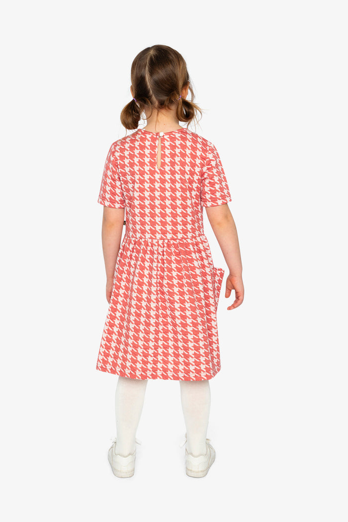 Short Sleeve Dress With Pockets Pink And White Houndstooth-3