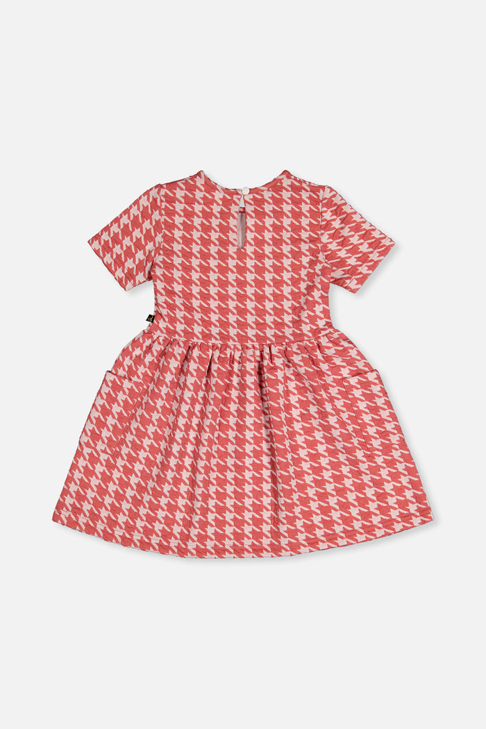 Short Sleeve Dress With Pockets Pink And White Houndstooth-4