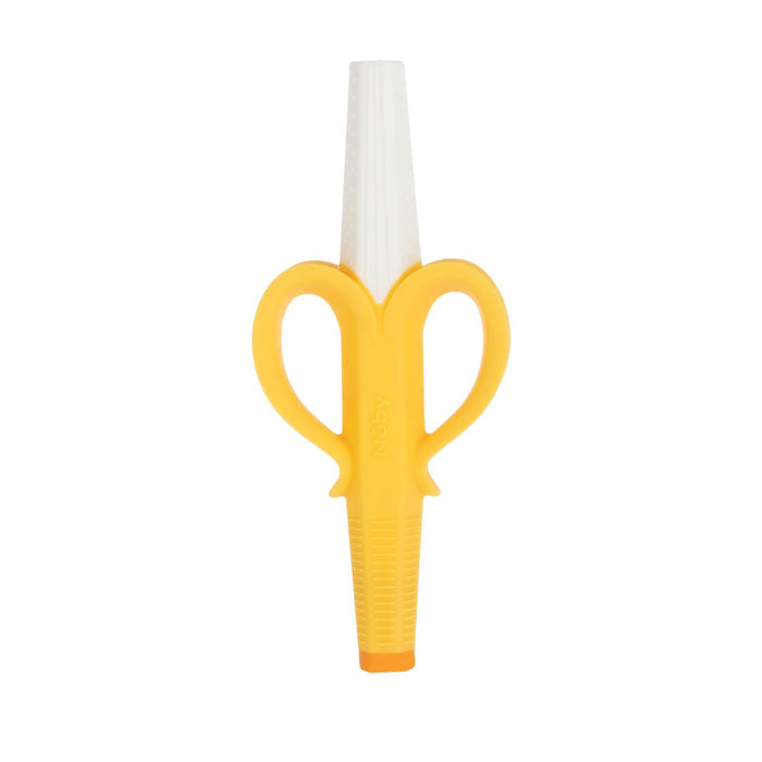 The Nuby Silicone Banana Tube Teether features an easy-grip banana shape, gentle white bristles, and a textured yellow silicone handle, making it perfect as both a teething toy and training toothbrush for babies.