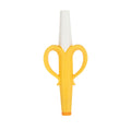 The Nuby Silicone Banana Tube Teether features an easy-grip banana shape, gentle white bristles, and a textured yellow silicone handle, making it perfect as both a teething toy and training toothbrush for babies.