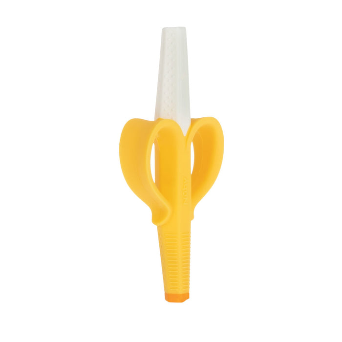 The Nuby Silicone Banana Tube Teether features a playful banana-shaped handle, serving as both a teething toy and toothbrush to soothe babies’ gums during brushing.