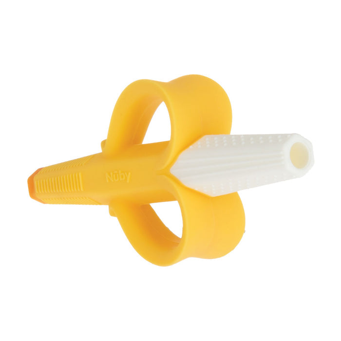 The Nuby Silicone Banana Tube Teether is a yellow, peeled banana-shaped baby teether with textured white bristles and two looped handles—perfect for soothing sore gums.