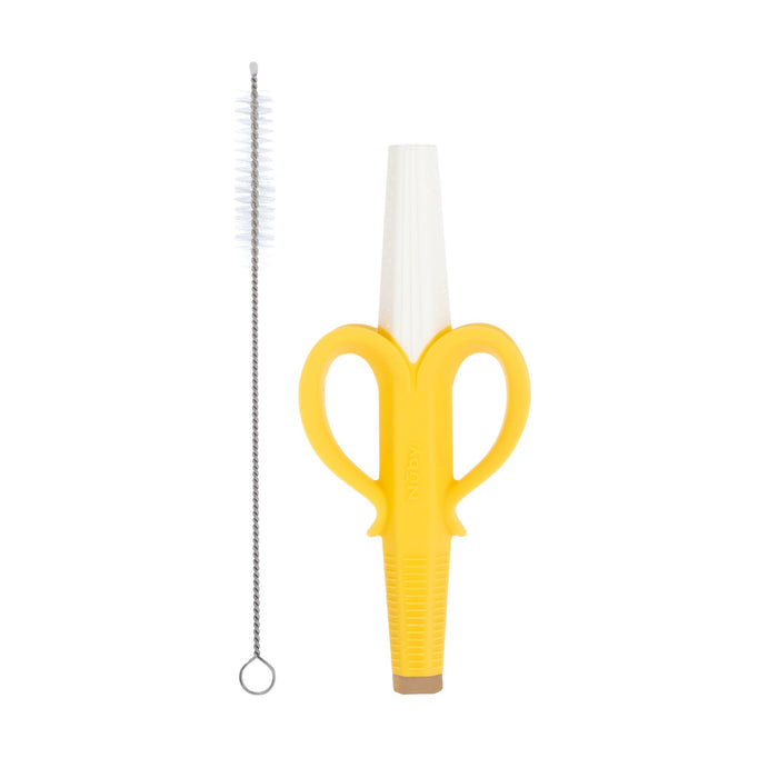 The Silicone Banana Tube Teether, shown on a white background, features a yellow banana-shaped design with handles resembling scissors, a white brush head, and includes a long, thin cleaning brush with bristles on one end. This silicone teether also serves as a soothing baby teething toy.