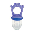 The Nuby Silicone Feeder | Bear features a purple bear-shaped handle, blue lid, and clear container with a textured silicone insert—ideal for introducing solids or soothing babies during teething.