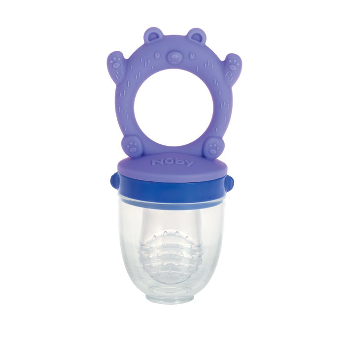 The Nuby Silicone Feeder | Bear features a purple bear-shaped handle, blue lid, and clear container with a textured silicone insert—ideal for introducing solids or soothing babies during teething.