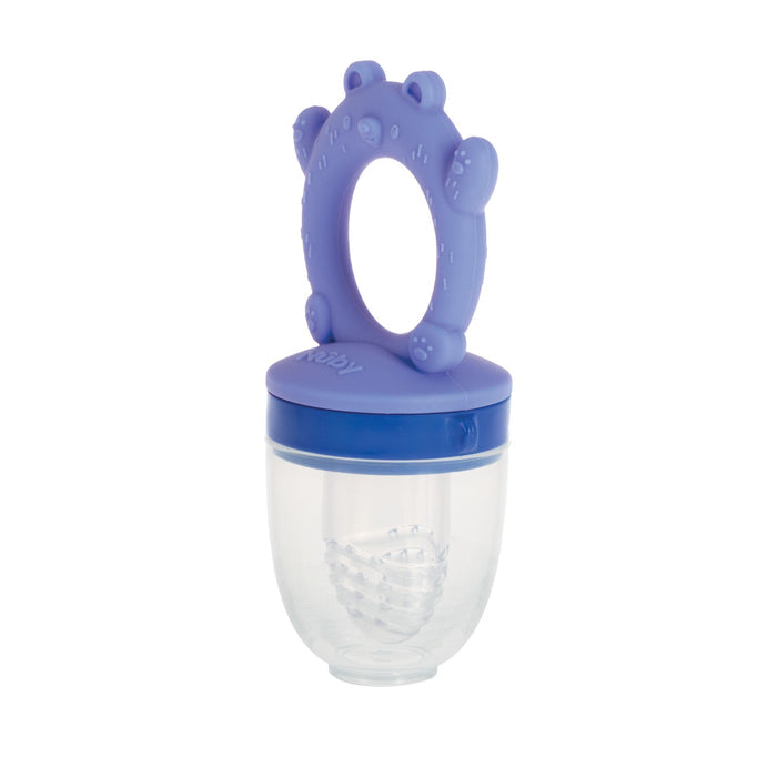 The Nuby Silicone Feeder | Bear features a clear plastic feeder with a purple bear-shaped silicone handle and twist-off lid. Its textured pouch lets babies self-feed on fruit or food, making it ideal for little ones learning to eat.