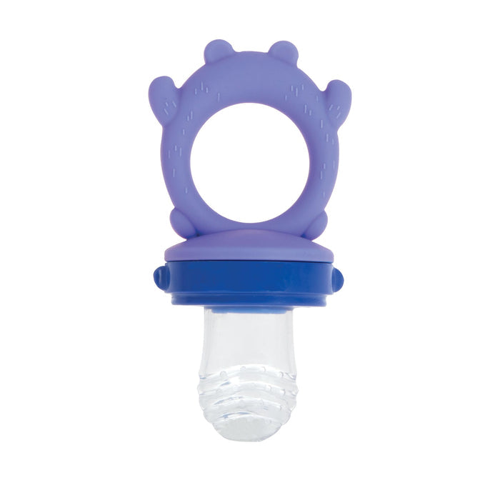 The Nuby Silicone Feeder | Bear is a purple and blue feeder with a ring handle and a clear, textured silicone pouch for safely holding small pieces of food for teething babies.