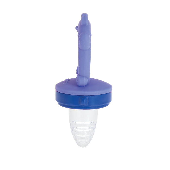 The Nuby Silicone Feeder | Bear is a purple silicone teething feeder with a handle and transparent pouch, designed to safely introduce solid foods to infants.