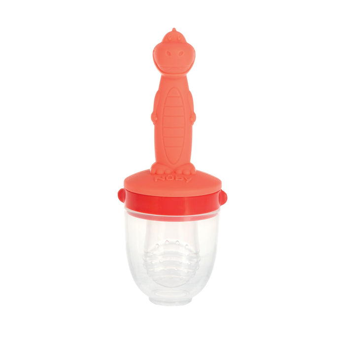 The Nuby Silicone Feeder | Dino features a fun dinosaur-shaped handle and a clear silicone container for small food pieces, making it an ideal teething or silicone feeder for babies.