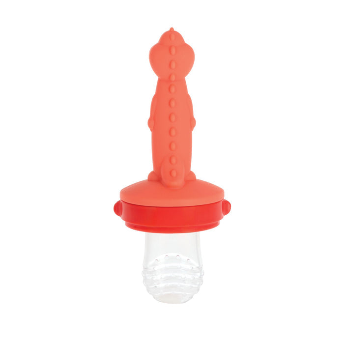 The Nuby Silicone Feeder | Dino is a red and clear dinosaur-shaped baby feeder with a textured grip and transparent ribbed pouch, ideal for soft foods.