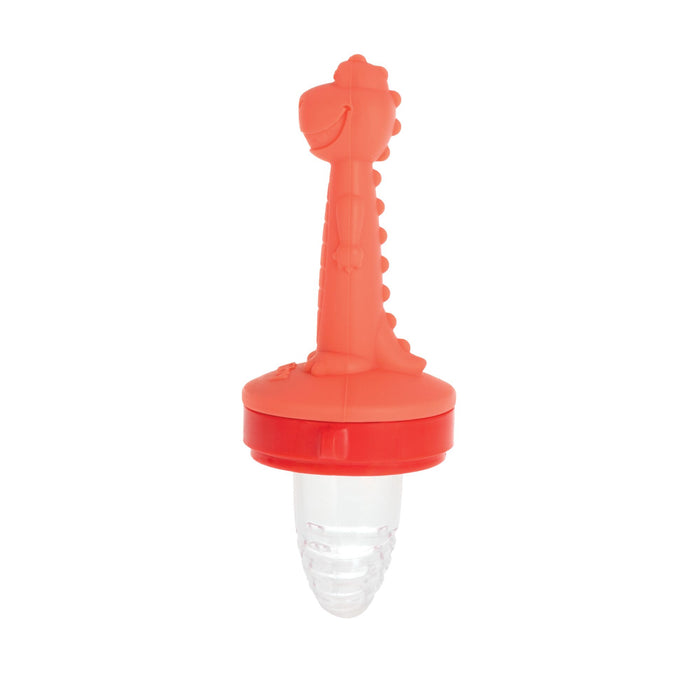 The Nuby Silicone Feeder | Dino is a red, transparent baby teething feeder with a dinosaur-shaped handle and mesh pouch—perfect for safely holding your baby's food.
