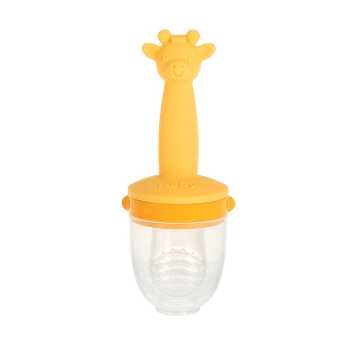 The Nuby Silicone Feeder | Giraffe features a yellow giraffe-shaped handle and clear silicone mesh, perfect for safely introducing solids to infants and serving as a teething feeder.