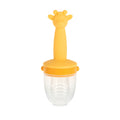 The Nuby Silicone Feeder | Giraffe features a yellow giraffe-shaped handle and clear silicone mesh, perfect for safely introducing solids to infants and serving as a teething feeder.