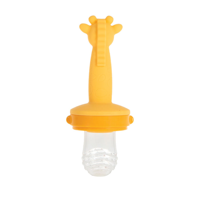 The Nuby Silicone Feeder | Giraffe features a yellow giraffe-shaped handle and a clear, textured pouch—ideal as a teething feeder to help babies safely explore new foods.