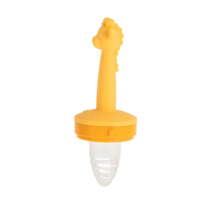 The Nuby Silicone Feeder | Giraffe is a yellow, giraffe-shaped baby feeder with a clear silicone pouch, designed to safely feed infants and soothe teething babies in a fun way.