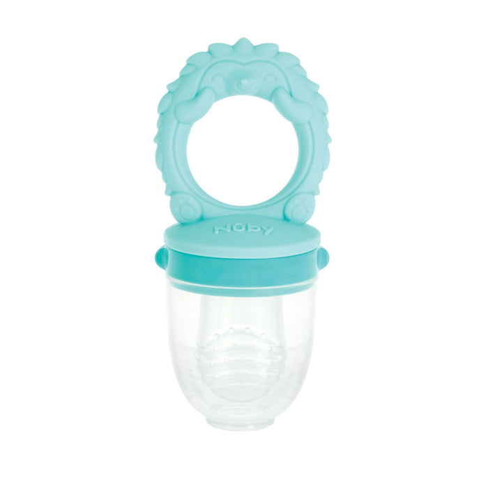 The Nuby Silicone Feeder | Hedgehog is a light blue and clear baby safe feeder with a textured, animal-shaped handle and silicone teat, ideal for safely introducing solids and new tastes to infants.