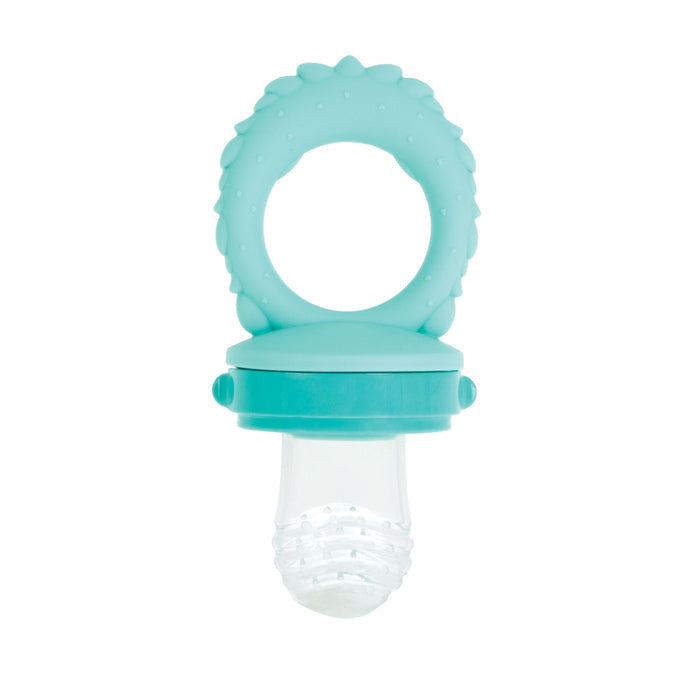 The Nuby Silicone Feeder | Hedgehog is a turquoise baby feeder with a textured ring handle and clear silicone pouch, ideal for teething and safely introducing small food pieces.
