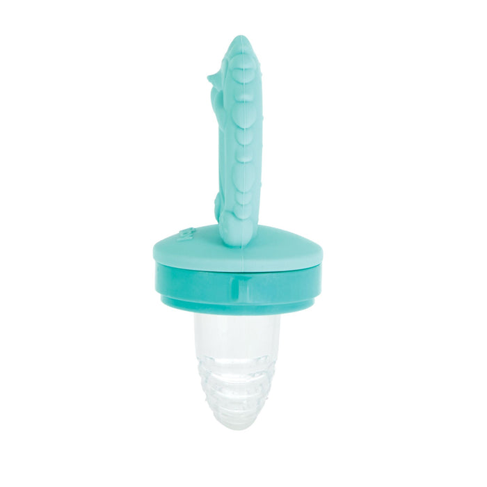 The Nuby Silicone Feeder | Hedgehog is a baby-safe feeder with a textured hedgehog-shaped handle and clear silicone pouch, ideal for safely introducing solids and soothing teething infants.