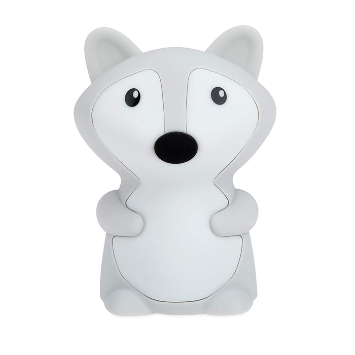 The Silicone Nightlight features a cute, minimalist gray and white cartoon fox design with large black eyes, a round black nose, and a chubby body. It stands upright against a white background.