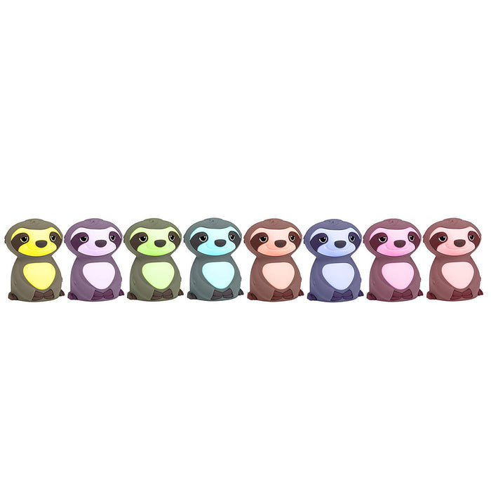 Eight cartoon sloths in pastel colors—yellow, green, mint, blue, brown, purple, pink, and maroon—sit smiling in a row. The Silicone Nightlight makes a playful and adorable addition to any child's room.