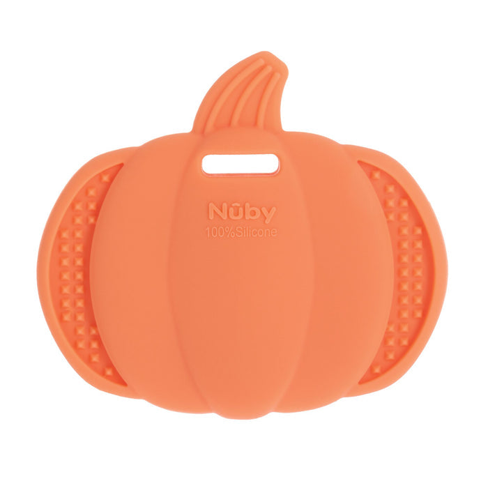 The Nuby Silicone Pumpkin Teether is an orange teething toy with textured sides, a small top stem, and "Nuby 100% Silicone" embossed on the front—perfect for soothing your baby's gums.