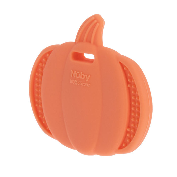 The Nuby Silicone Pumpkin Teether is a 100% silicone baby teething toy with textured sides, a small handle for easy grip, and the brand name embossed on the front—cute and practical for little hands.