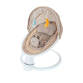 The Nuby Smart Baby Swing & Bouncer in beige features a cushioned seat, safety harness, overhead canopy, and two plush toys (blue and yellow) on a white circular base—offering your baby comfort and entertainment in one versatile product.