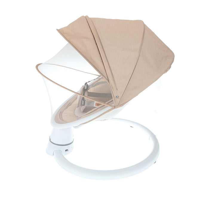 The Nuby Smart Baby Swing & Bouncer in beige features a canopy and mesh cover on a white circular base—ideal as a stylish nursery accessory or Bluetooth baby swing, blending comfort and modern design for your little one.