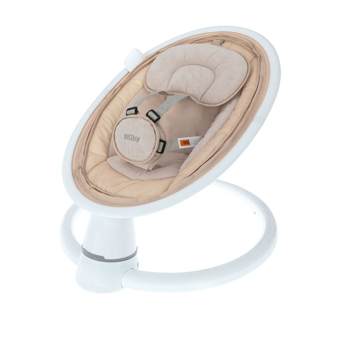The Nuby Smart Baby Swing & Bouncer in beige features a padded seat, safety harness, and a modern circular white base, shown on a white background.