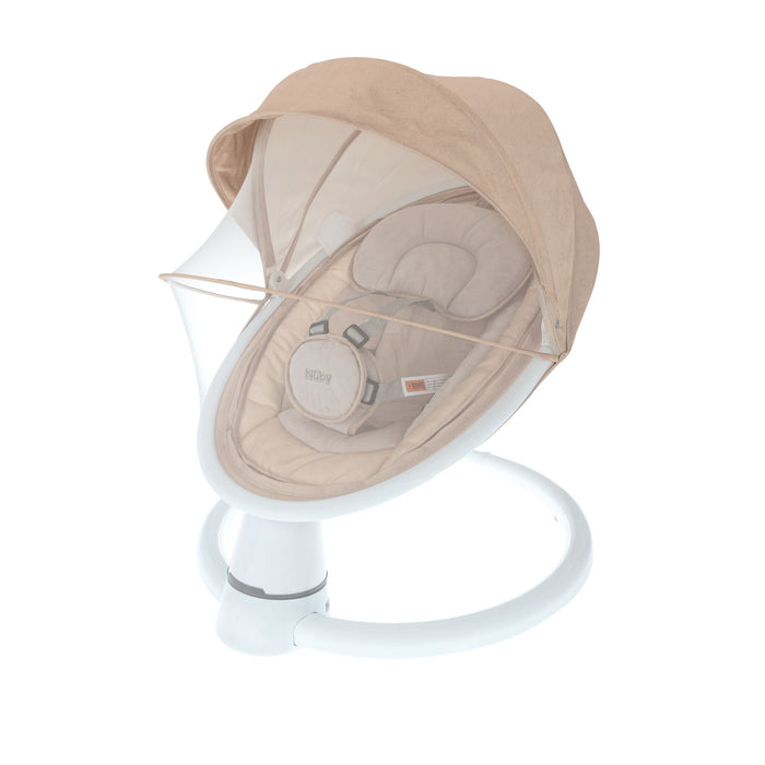 The Nuby Smart Baby Swing & Bouncer in beige features a padded seat, harness, and transparent mesh canopy on a circular white base, shown against a white background.