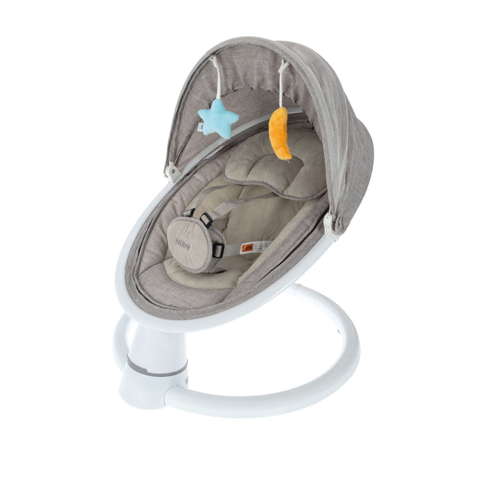 The Nuby Smart Baby Swing & Bouncer | Grey features a cushioned seat with a safety harness, white circular base, and a canopy with blue star and yellow crescent moon toys for entertainment. Bluetooth enabled for modern convenience.