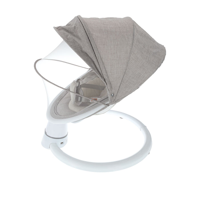 The Nuby Smart Baby Swing & Bouncer | Grey features a cushioned gray seat, rounded white base, and large adjustable canopy, shown on a white background.