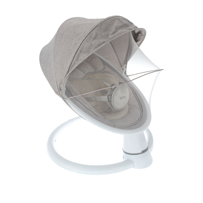 The Nuby Smart Baby Swing & Bouncer in Grey features a padded seat, harness, adjustable canopy, white circular base, and ventilated mesh cover—this modern baby swing appears against a white background.