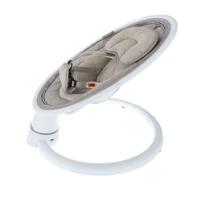 The Nuby Smart Baby Swing & Bouncer | Grey features a light gray cushioned seat, safety harness, and white circular base, designed for modern comfort and style.