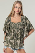 Smocked Bust Kimono Sleeves Top
