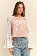 Soft Waffle Knit Lace Bow Patchwork Top