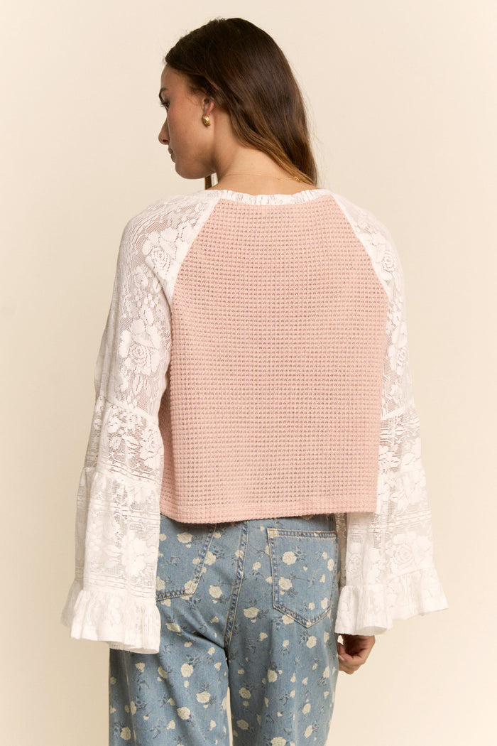 Soft Waffle Knit Lace Bow Patchwork Top