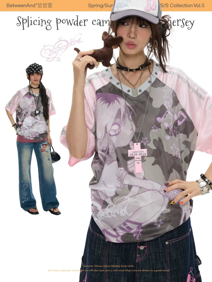 Splicing powder camouflage loose jersey
